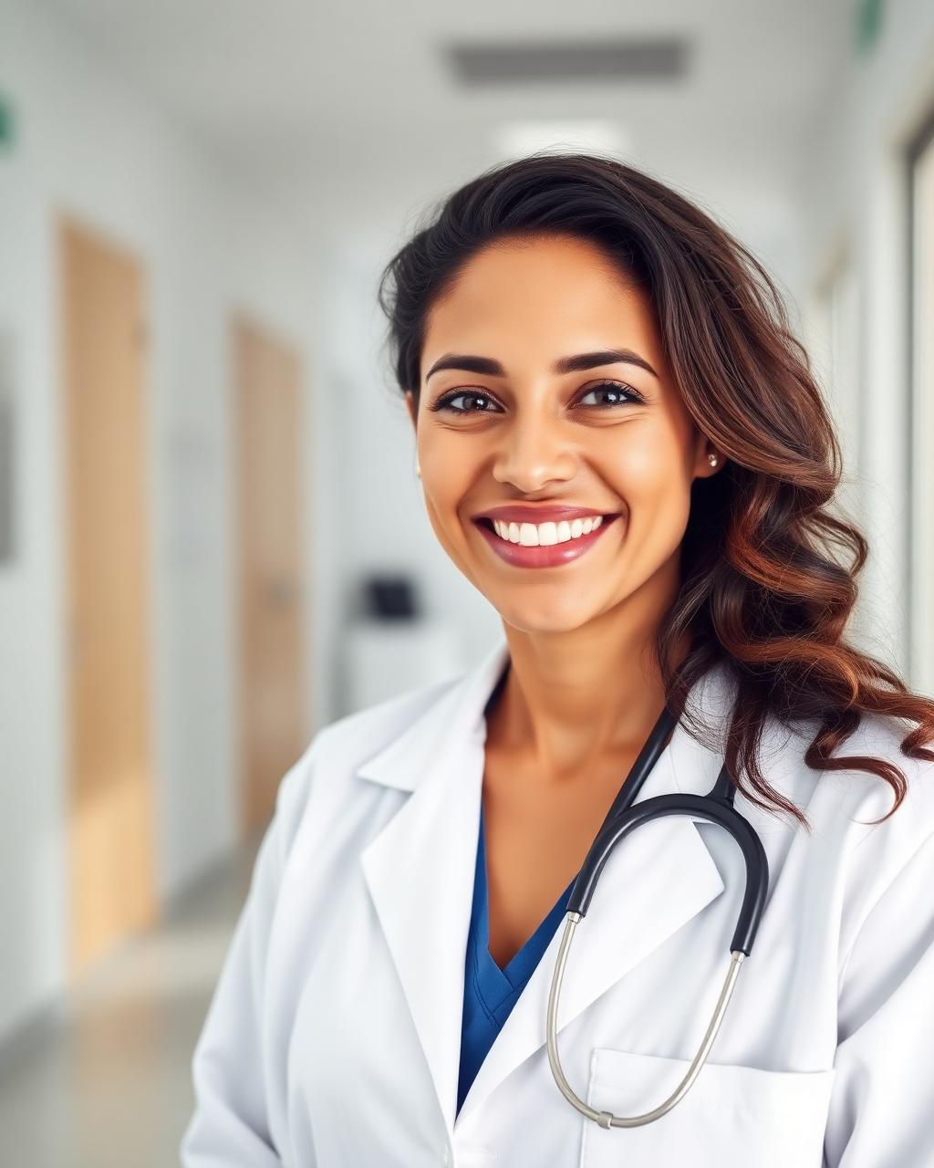Médica sonriente en una clínica moderna